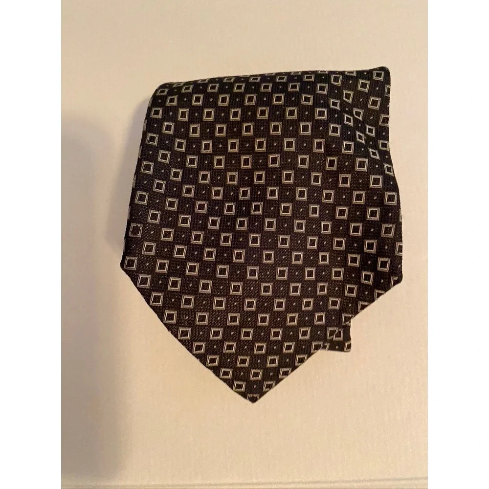 Polo Ralph Lauren Mens Silk Necktie Brown Tan Geometric Square Pattern Hand Made